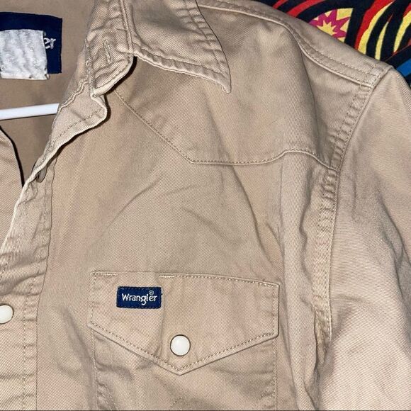 VINTAGE men’s Wrangler khaki canvas pearl snap western shirt sz M - Picture 3 of 5